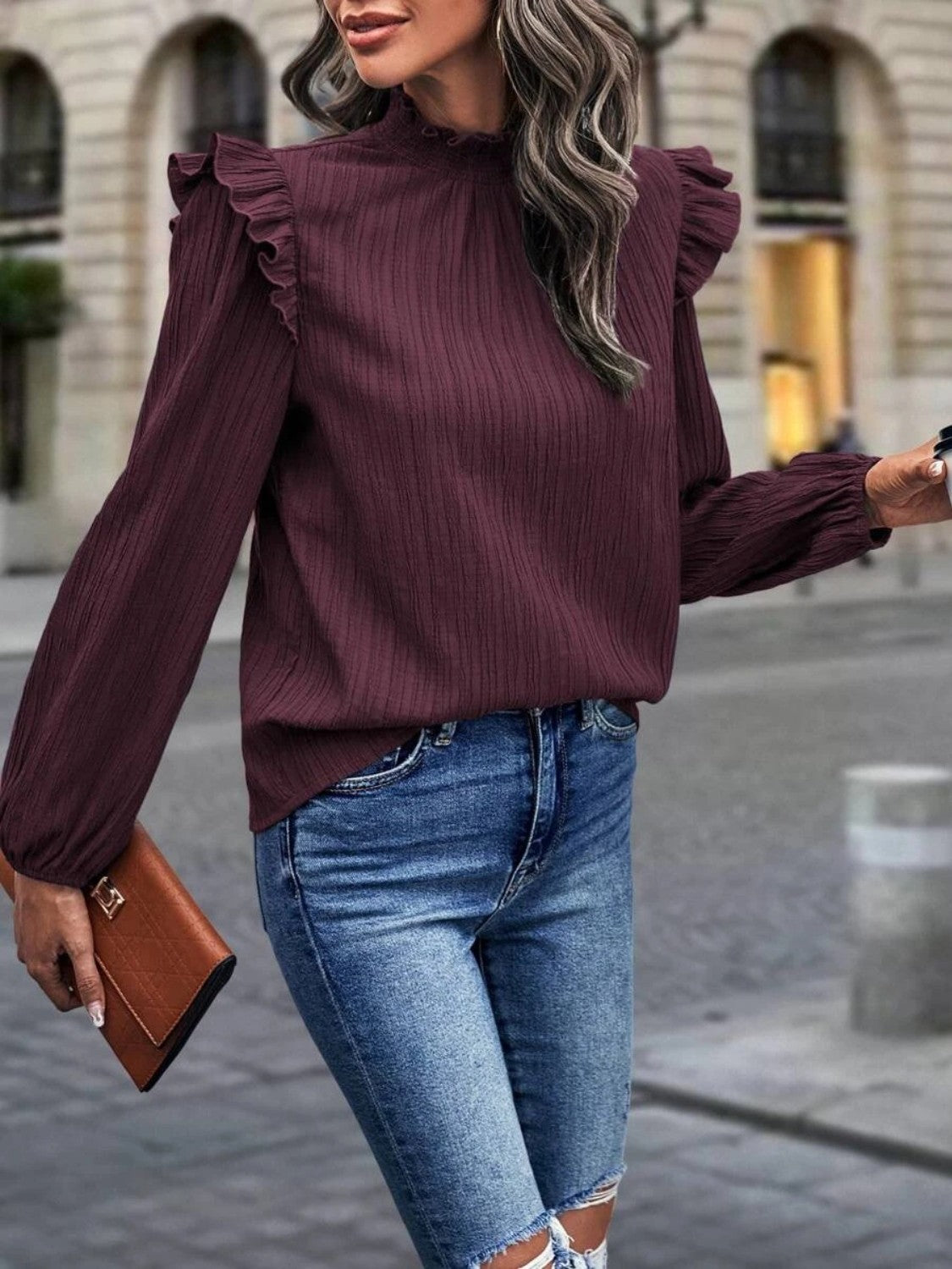 long sleeve mock neck blouse