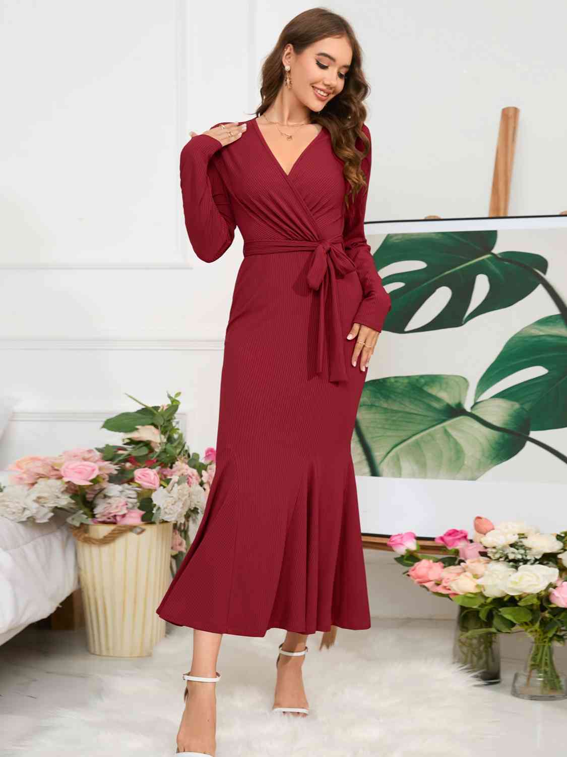 Elegant Surplice Neck Tie Waist Dress